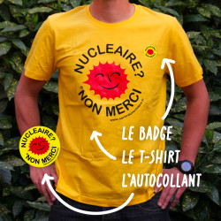 Kit indispensable "NUCLÉAIRE ? NON MERCI !" (t-shirt + badge Ø3,2 cm + autocollant Ø10 cm) Modèle homme
